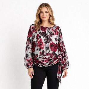WHBM Dark Romantic Floral Blouse Womens 12 Smocked Tie Waist Office Peplum Chic